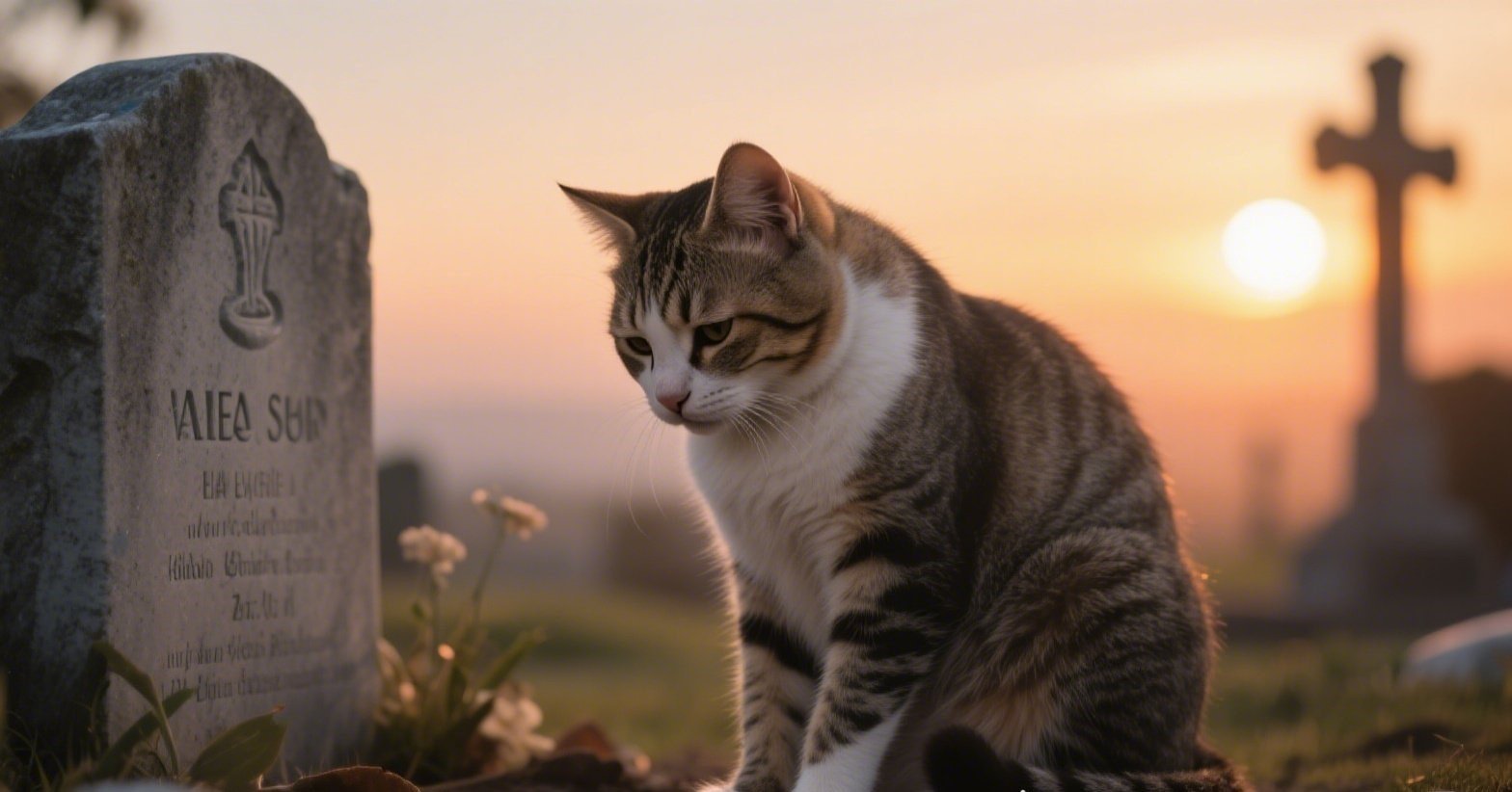 Orange tabby cat mourning silently beside a grave at sunset, expressing grief and loyalty