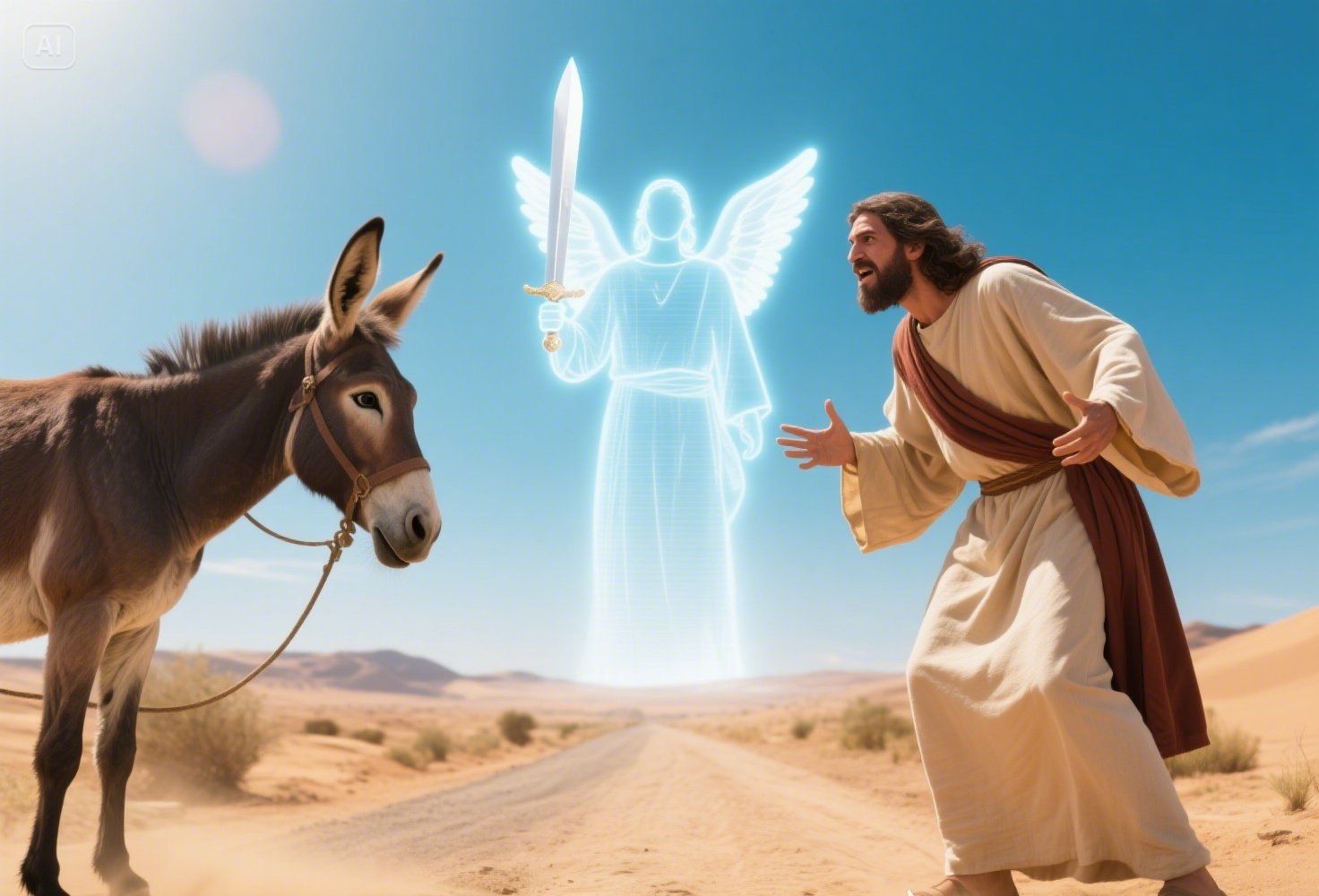 Balaam’s donkey turning to speak after seeing the angel of the Lord with a drawn sword in the road — from Numbers 22:28.