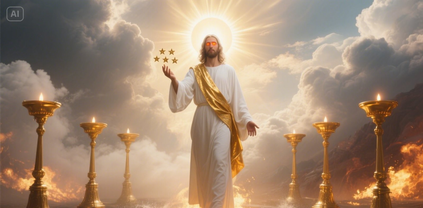 Heavenly vision of Jesus Christ in Revelation 1, standing among seven golden lampstands with glowing eyes, golden sash, and radiant light shining from His face.