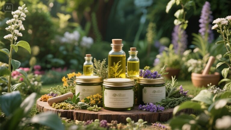 Bottles of biblical oils and jars of herbs in a lush botanical garden, representing sacred plants used in Scripture for healing and anointing.