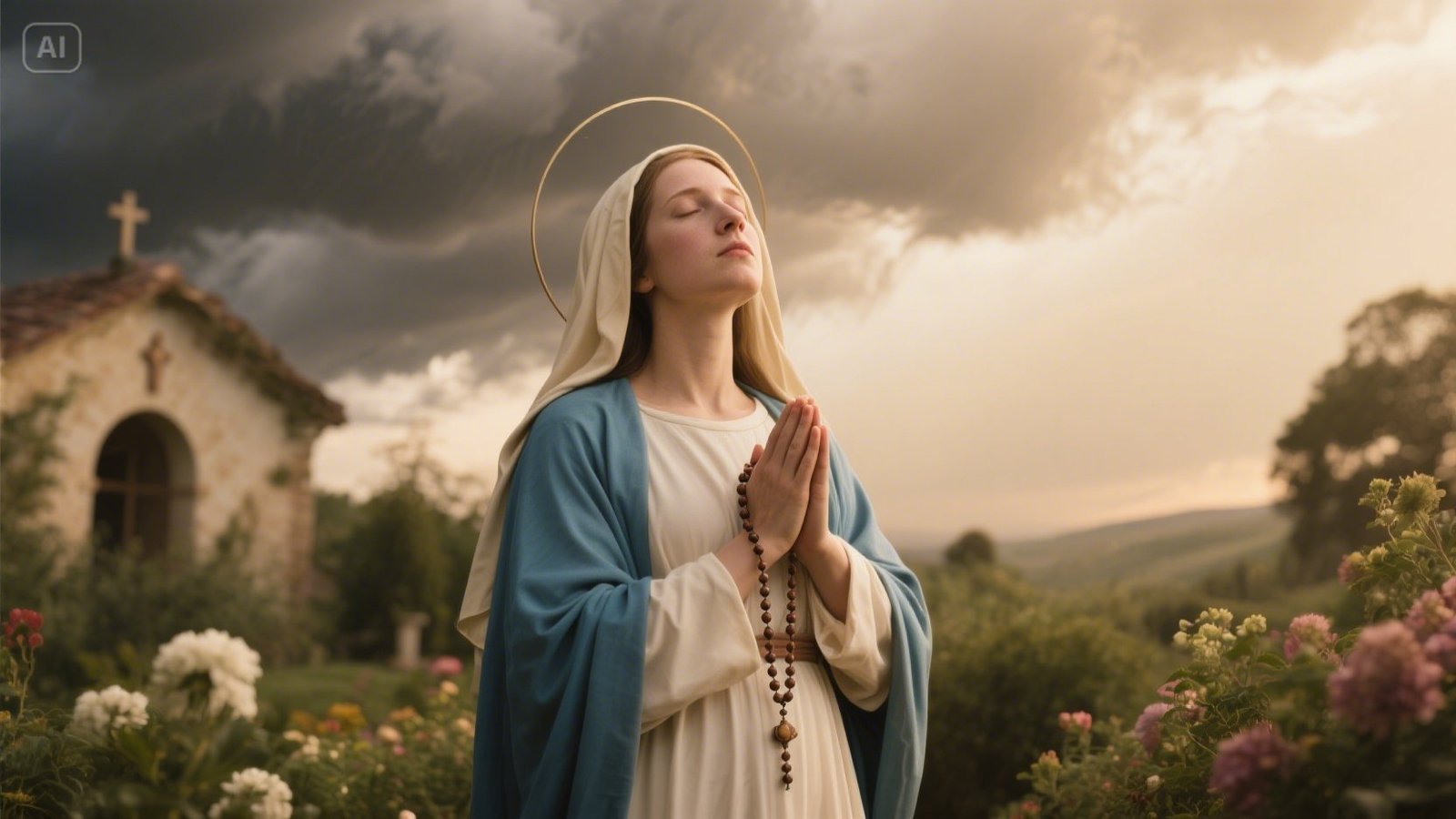 Mother Mary praying at a humble table for a struggling mother