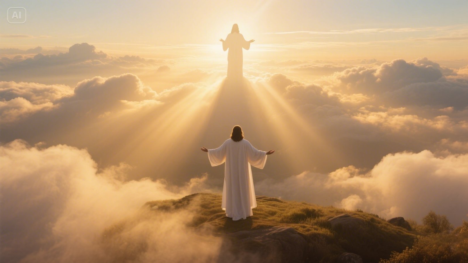 A radiant sky with golden light breaking through clouds, Jesus standing with open arms as the faint silhouette of God appears above.