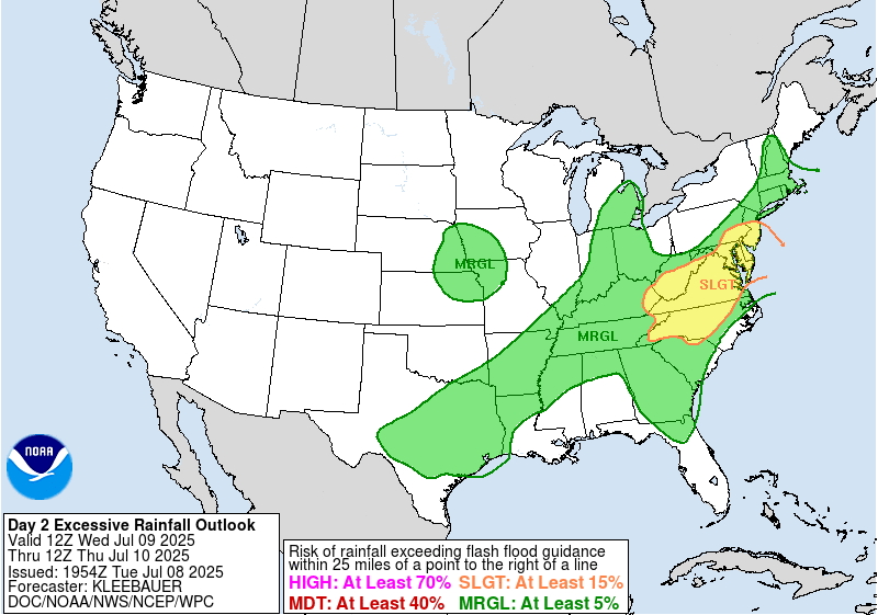 Weather map showing areas under flash flood risk in the Northeast U.S. including NYC, Philly, and Boston