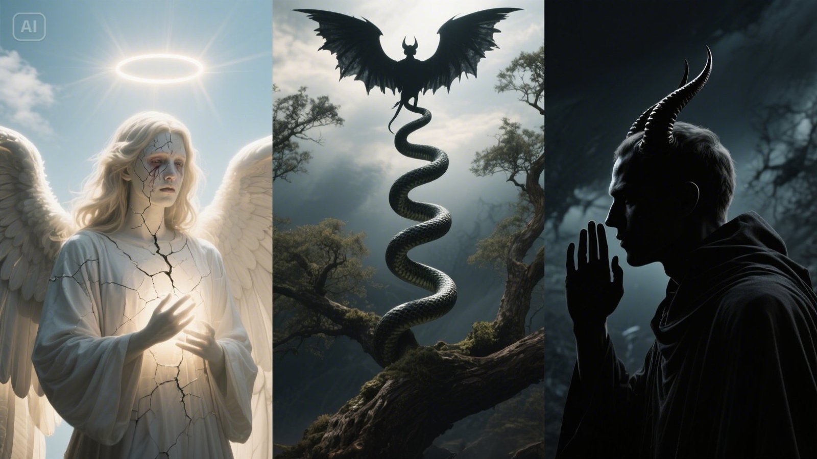 Cinematic spiritual illustration showing Lucifer as a fallen angel, Satan as a serpent in shadow, and the Devil whispering deception — representing the three faces of evil described in the Bible.