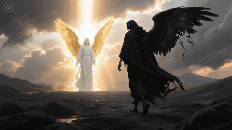 Black angel of death walking across a stormy landscape toward a radiant angel of light surrounded by heavenly glow.