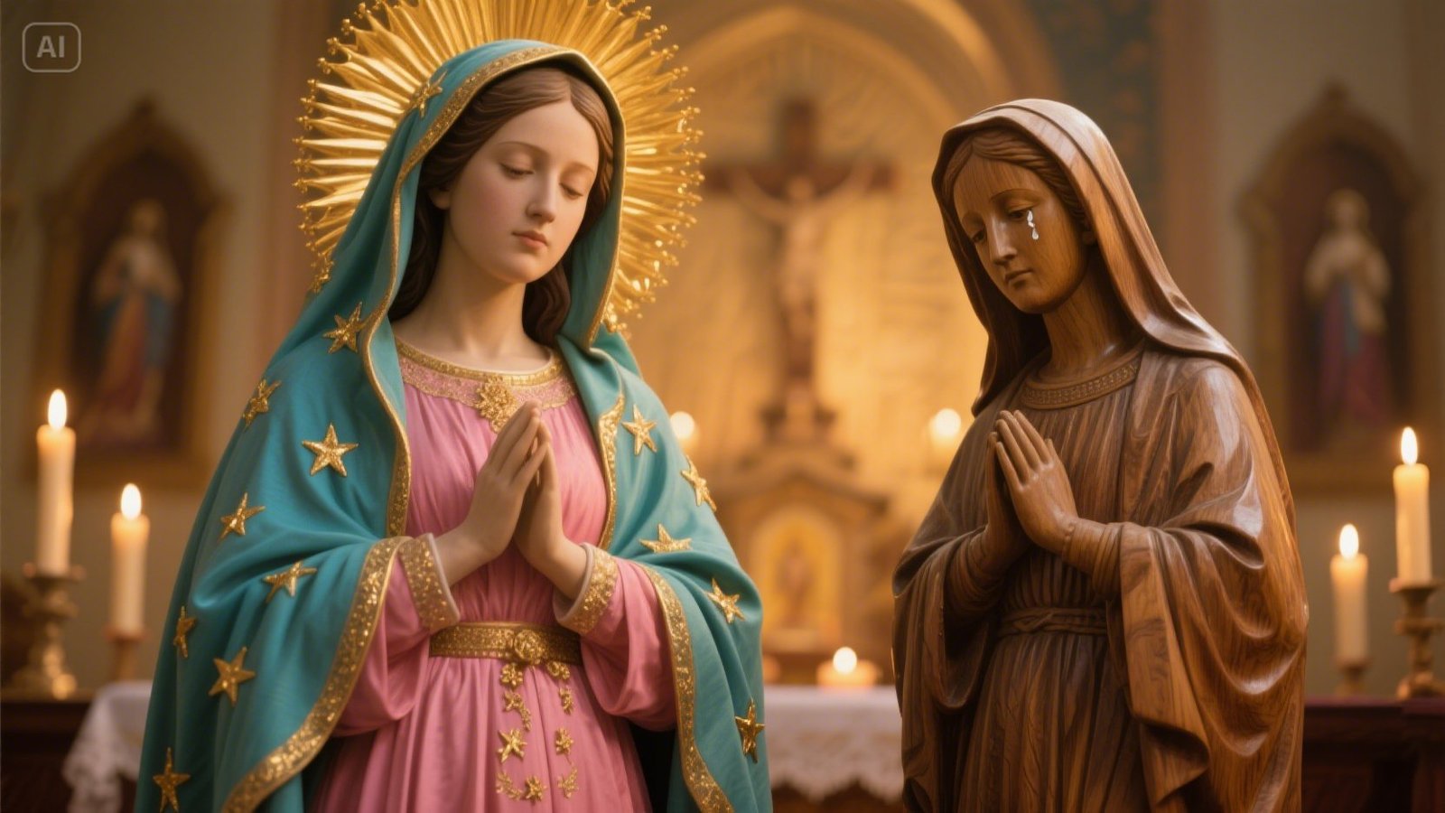 Our Lady of Guadalupe on a crescent moon, wearing a turquoise mantle with golden stars and a rose-colored gown, surrounded by golden rays.