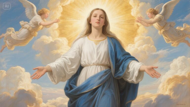 Illustration of the Virgin Mary being assumed into Heaven, surrounded by golden light and angels