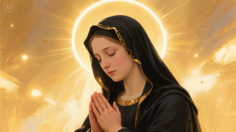 Hands folded in prayer with a Rosary, symbolizing prayer with Mary.