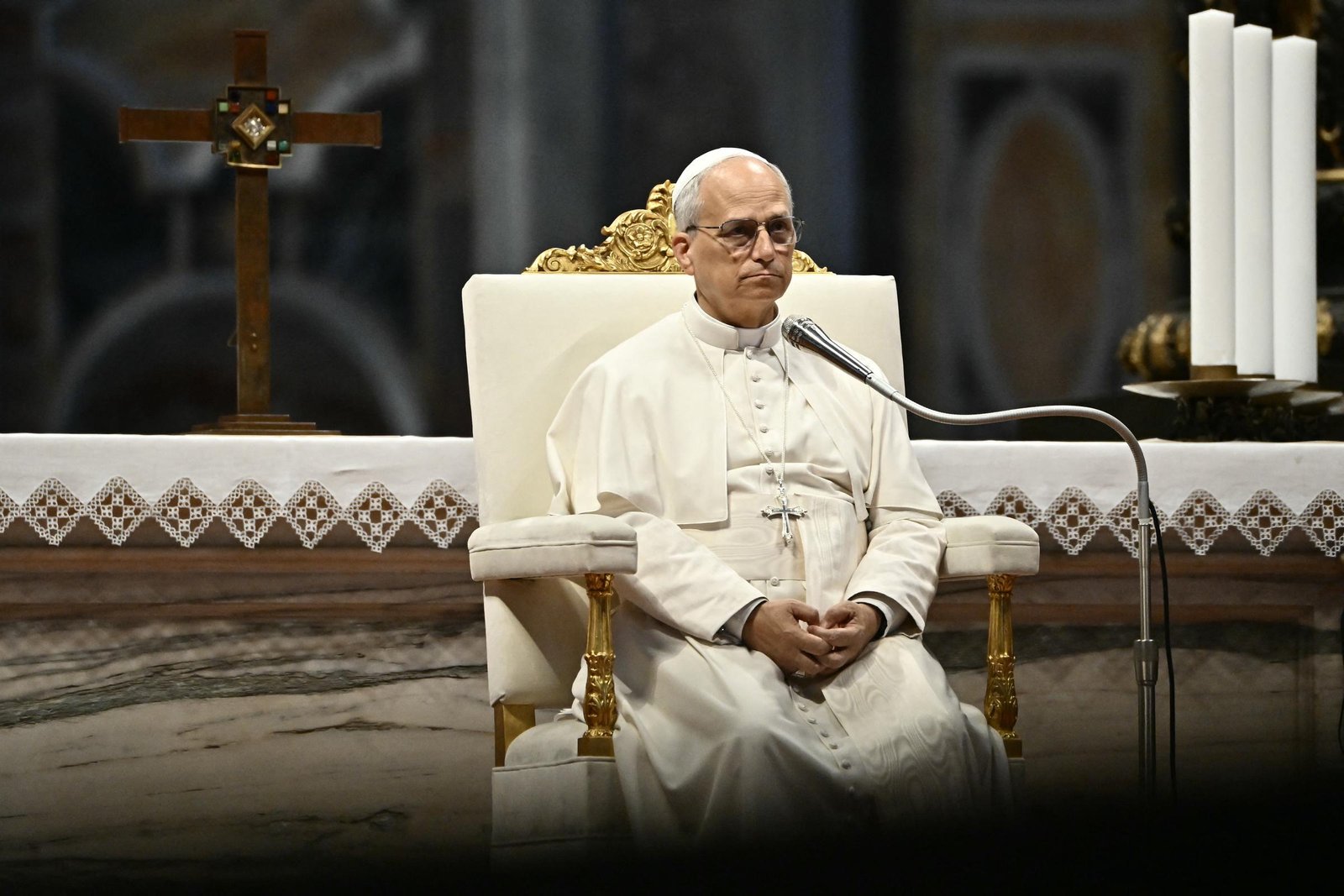 Pope Leo XIV seated in prayer during a public appearance at St. Peter’s Square.