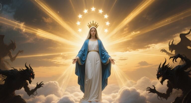 Image of the Virgin Mary glowing with divine light, standing against demons who recoil in fear — symbolizing her intercession and the power of her name in spiritual warfare.