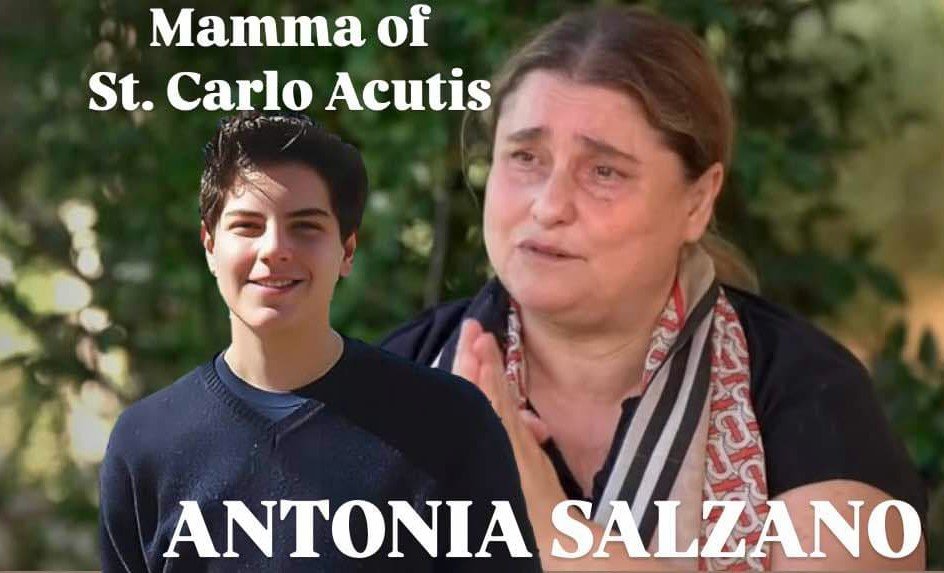 Photo of Antonia Salzano, the mother of Saint Carlo Acutis, shown beside her son, symbolizing her role as “Mamma” carrying forward his legacy of faith.