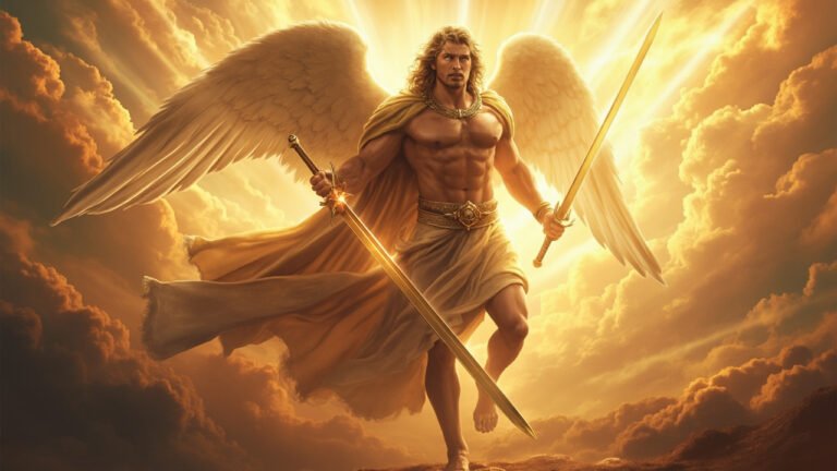 St. Michael the Archangel holding a glowing sword, symbolizing divine protection and spiritual battle.