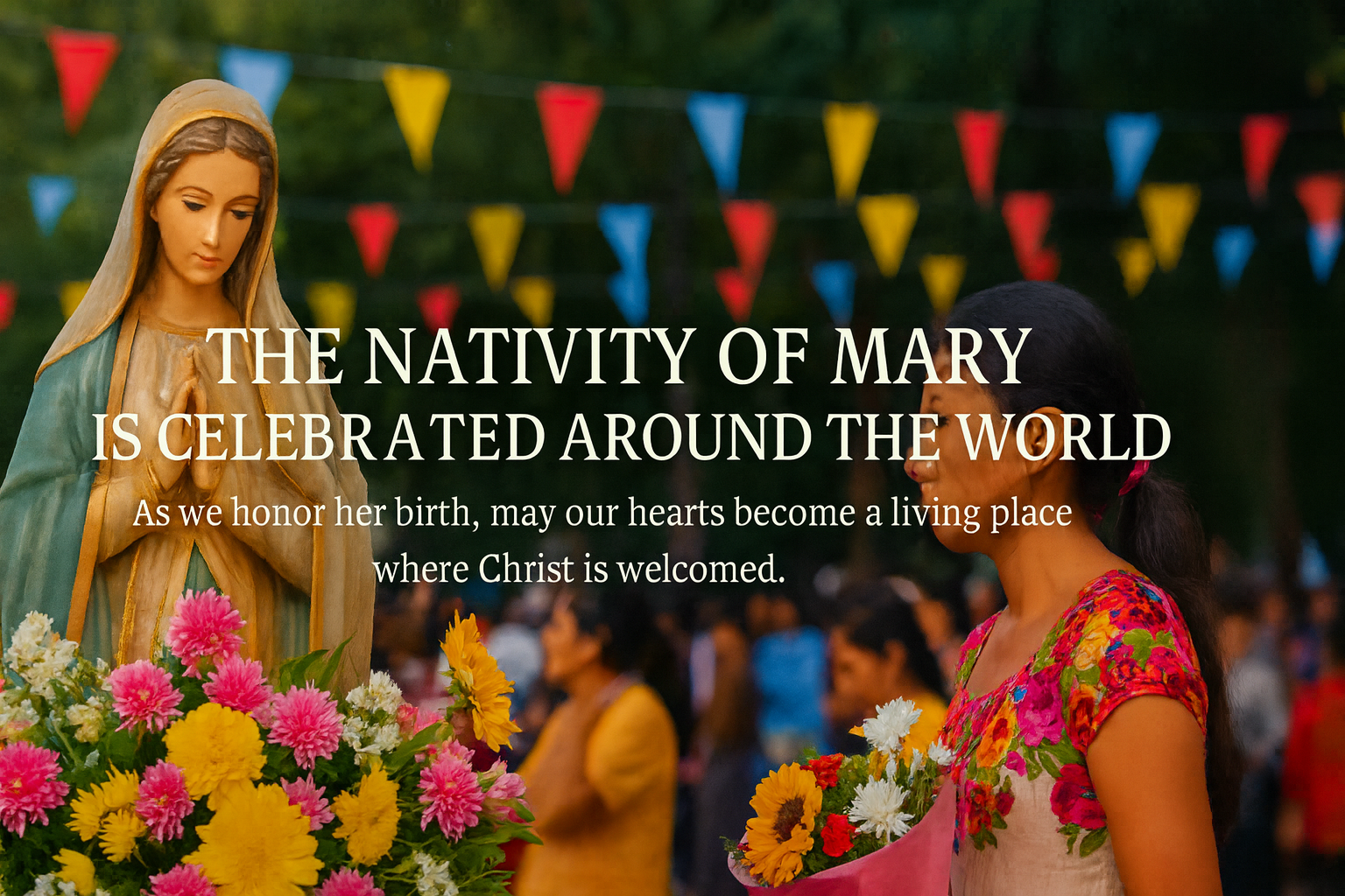 Statue of the Virgin Mary surrounded by flowers and faithful offering bouquets during the Nativity of Mary celebration on September 8.