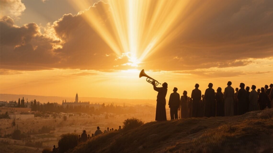 Silhouette crowd watching golden rays burst through clouds at sunset over Jerusalem, symbolizing a heavenly trumpet call