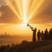 Silhouette crowd watching golden rays burst through clouds at sunset over Jerusalem, symbolizing a heavenly trumpet call