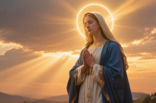 Virgin Mary with a radiant halo in the shape of a cross, hand over heart and hand extended outward, symbolizing mercy, forgiveness, and grace.