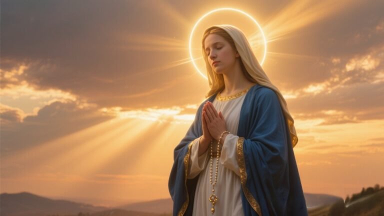 Virgin Mary with a radiant halo in the shape of a cross, hand over heart and hand extended outward, symbolizing mercy, forgiveness, and grace.