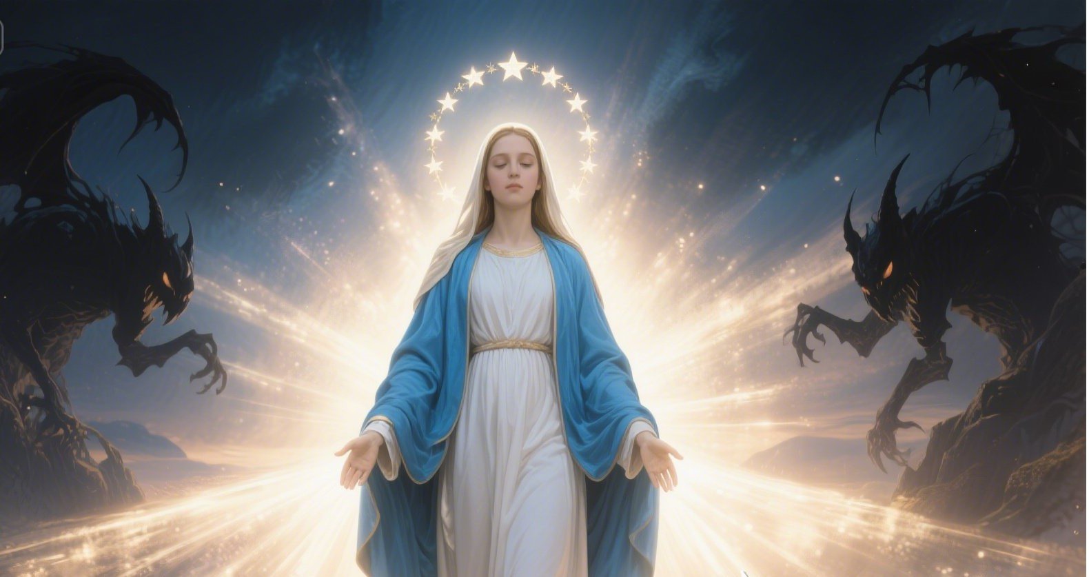 Glowing rosary radiating light as shadows retreat into darkness.