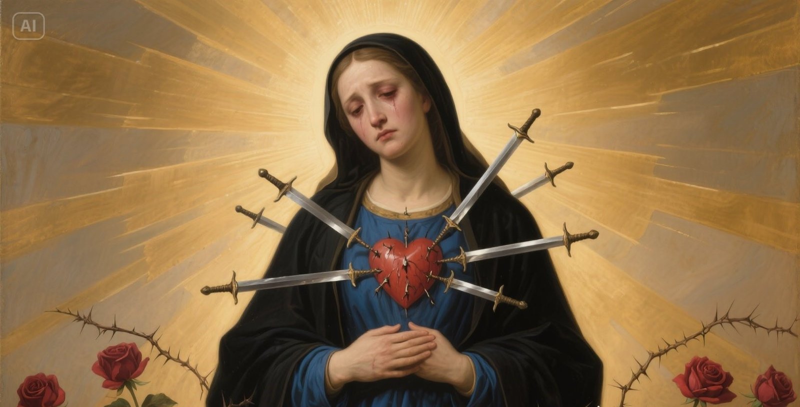 Our Lady of Sorrows, her heart pierced by seven swords, with roses and golden light.