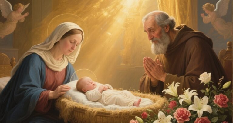 Traditional Catholic painting of the Nativity of the Virgin Mary, with St. Anne and St. Joachim kneeling before baby Mary in golden light, surrounded by roses and lilies.