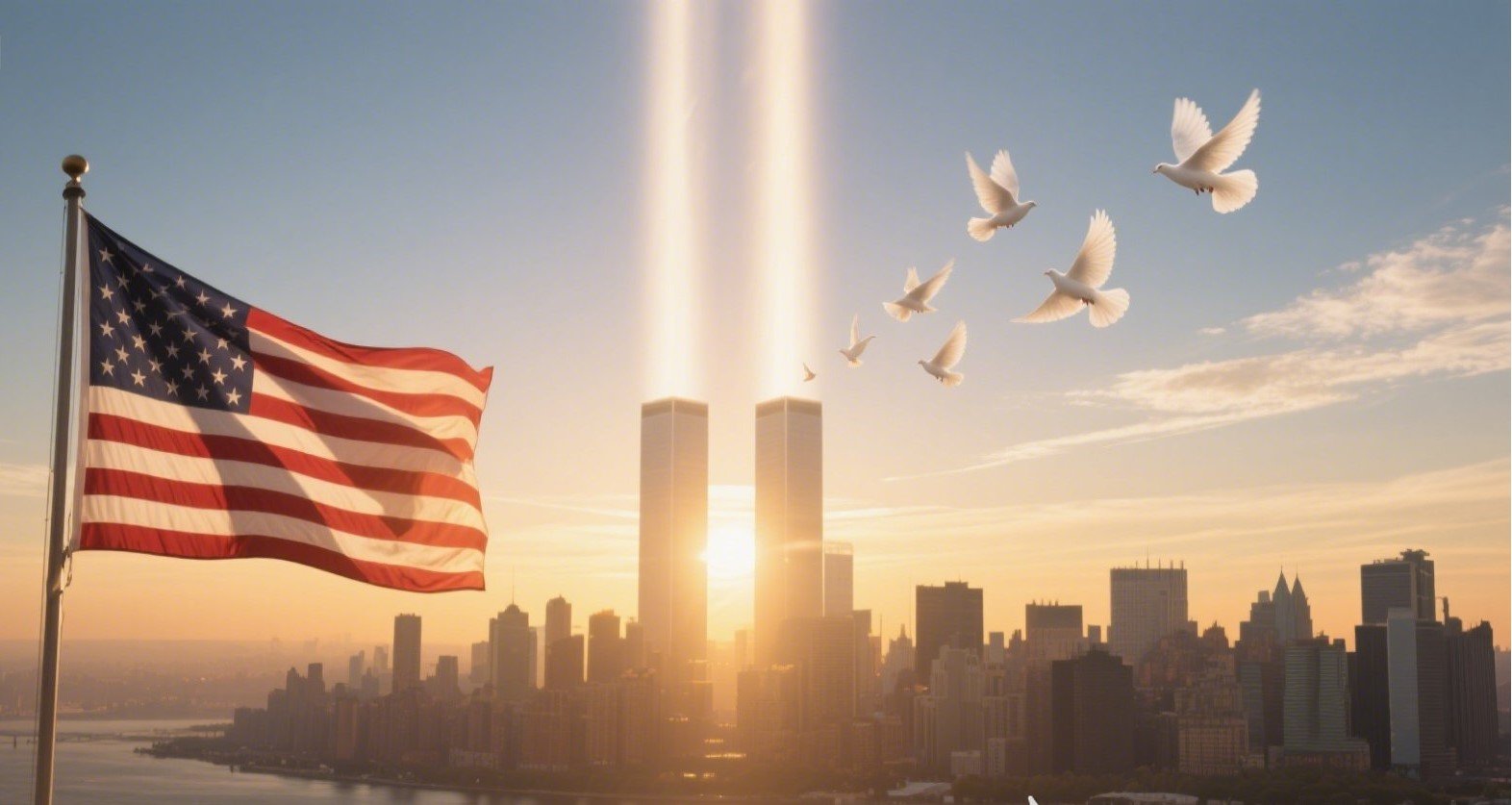 tember 11 Tribute: Beams of Light, American Flag, and Doves of Peace