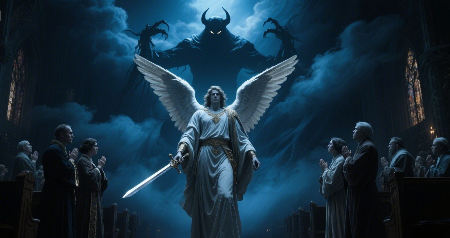 Archangel standing with glowing sword in a cathedral as parishioners pray; a faint shadow of evil looms high above in the mist.