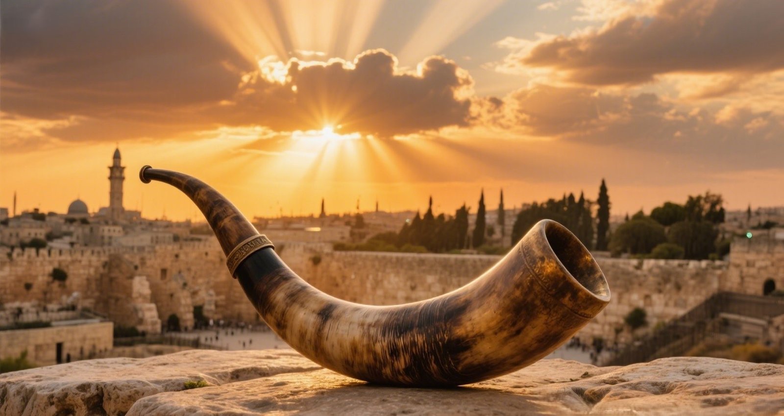 Ancient shofar on stone with golden sunset over Jerusalem’s Old City and Western Wall.