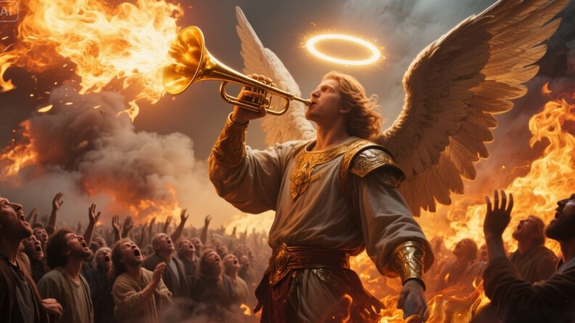Mighty angel blowing a golden trumpet as a sign of God’s final judgment in Revelation