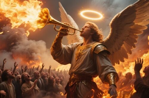 Mighty angel blowing a golden trumpet as a sign of God’s final judgment in Revelation