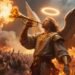 Mighty angel blowing a golden trumpet as a sign of God’s final judgment in Revelation