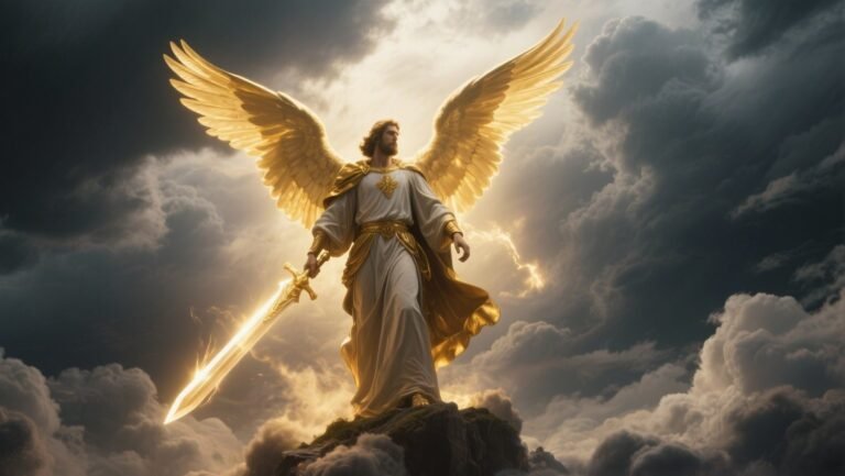 Powerful depiction of St. Michael the Archangel with sword raised, standing as a defender of God’s people against darkness.