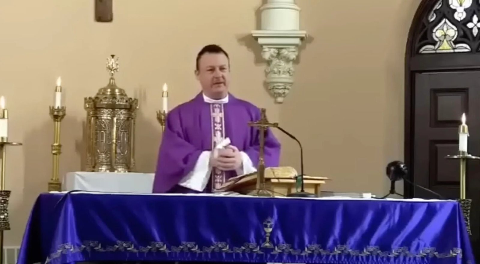 Father Joseph Crowley celebrates Mass at St. Thomas Church in Thomaston, Connecticut, site of a reported Eucharistic miracle on March 5, 2023.