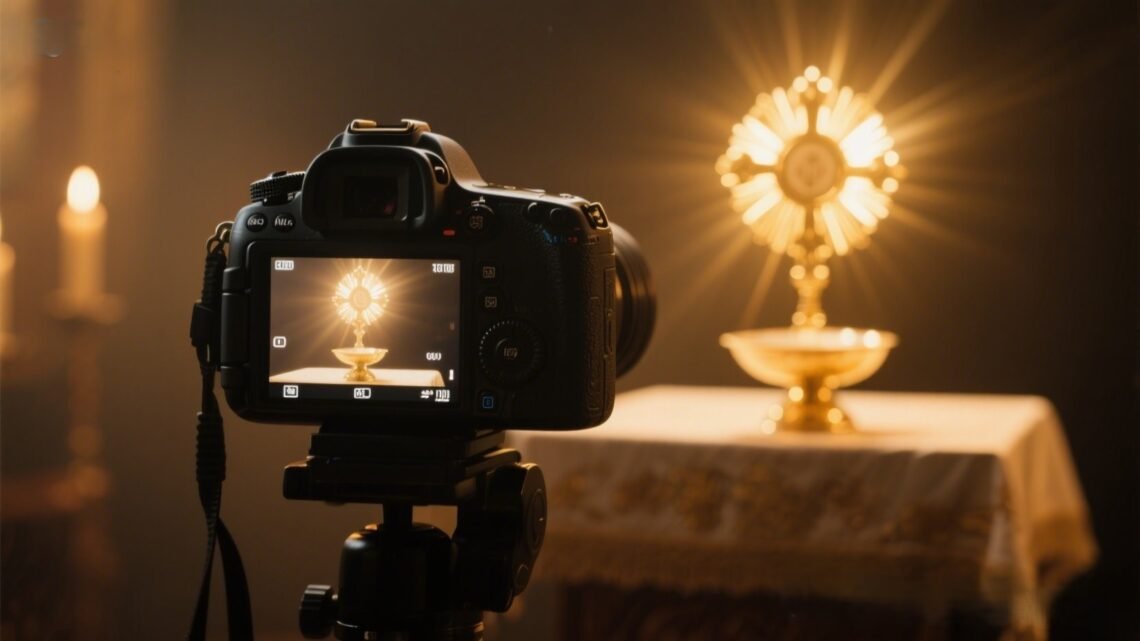 A glowing Eucharist with a radiant light captured through the lens of a camera, symbolizing God’s presence beyond human sight