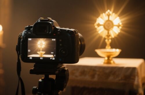 A glowing Eucharist with a radiant light captured through the lens of a camera, symbolizing God’s presence beyond human sight