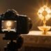 A glowing Eucharist with a radiant light captured through the lens of a camera, symbolizing God’s presence beyond human sight