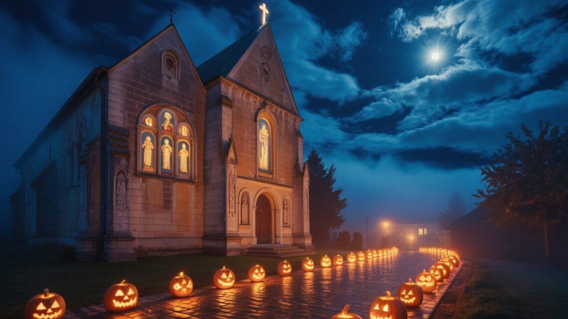 A cinematic Halloween night scene of an ancient stone church glowing with candlelight and a bright cross shining through the mist, symbolizing faith conquering darkness.