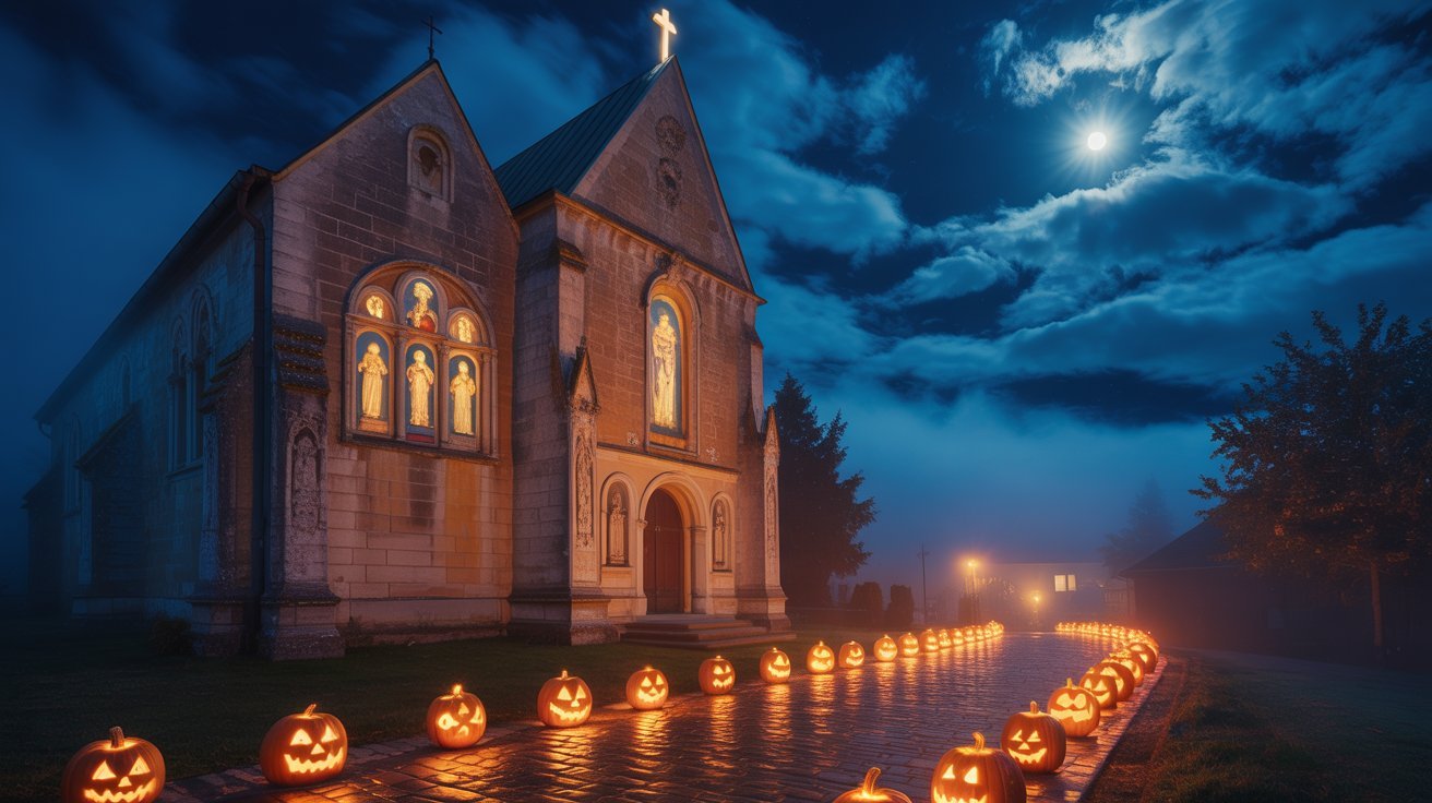 A cinematic Halloween night scene of an ancient stone church glowing with candlelight and a bright cross shining through the mist, symbolizing faith conquering darkness.