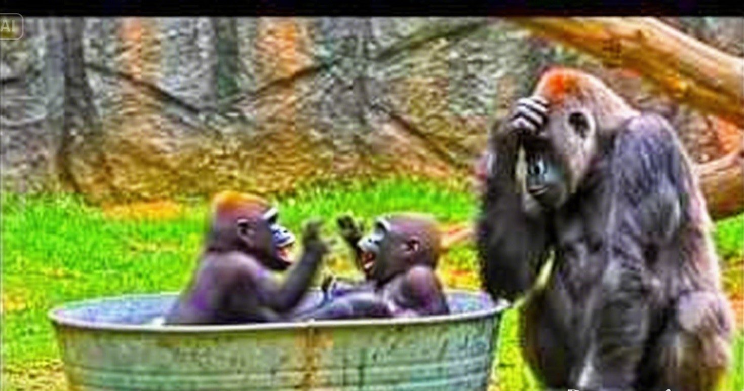 A parent gorilla holds its head while two playful babies splash in a tub, perfectly capturing the chaos and love of parenting.
