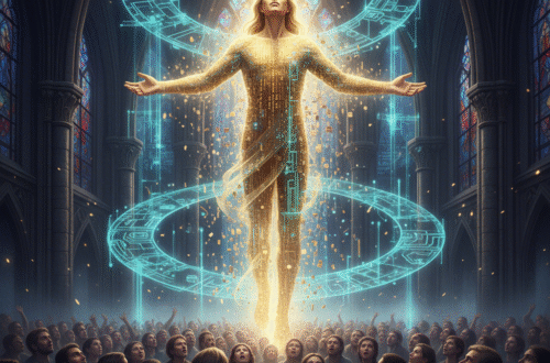 Christ-like digital figure glowing with golden light, surrounded by futuristic holograms inside a cathedral, symbolizing warnings of false prophets and AI deception.