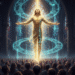 Christ-like digital figure glowing with golden light, surrounded by futuristic holograms inside a cathedral, symbolizing warnings of false prophets and AI deception.