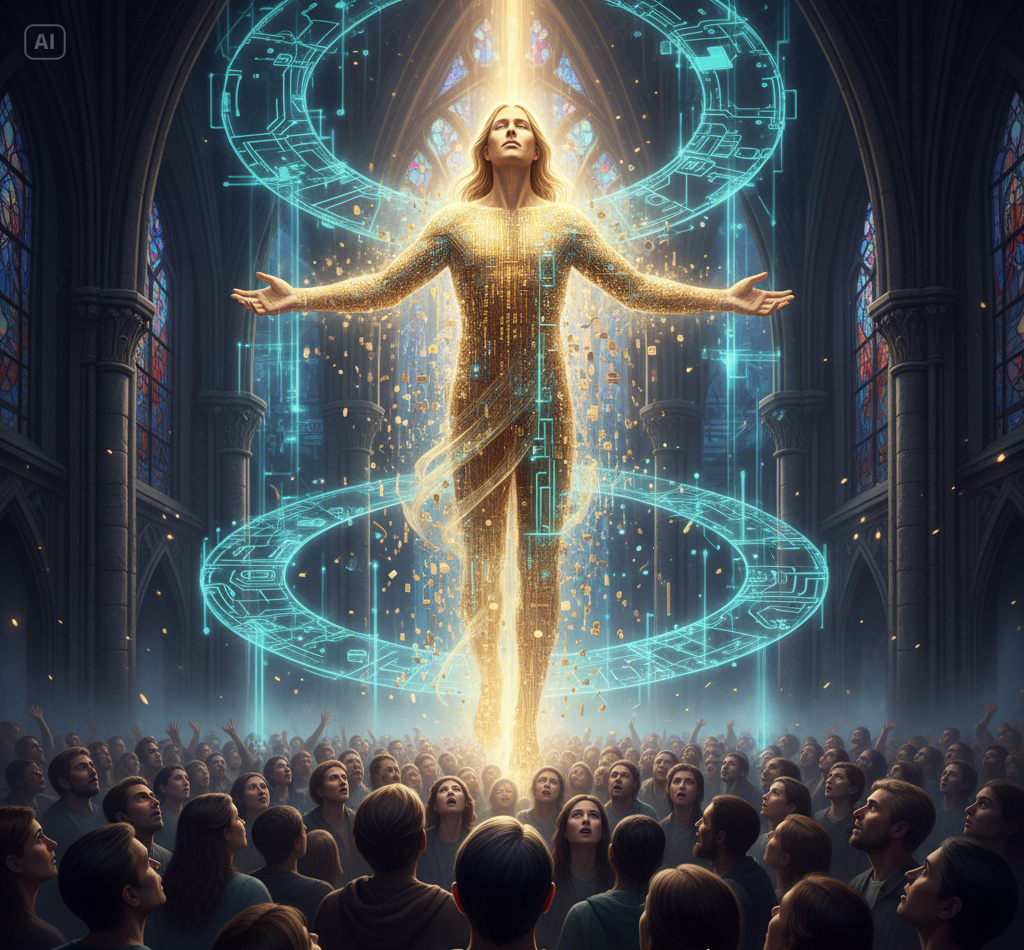 Christ-like digital figure glowing with golden light, surrounded by futuristic holograms inside a cathedral, symbolizing warnings of false prophets and AI deception.