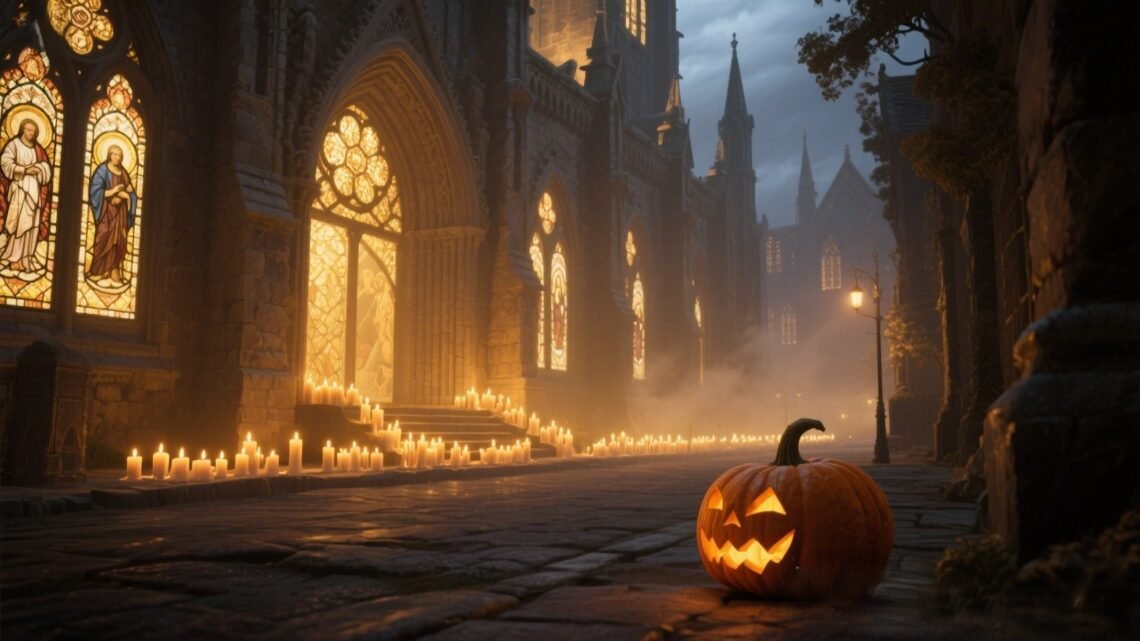 St. Peter’s Basilica glowing at twilight with candlelight, symbolizing the Catholic Church’s redemption of Halloween as All Hallows’ Eve, the holy vigil before All Saints’ Day.