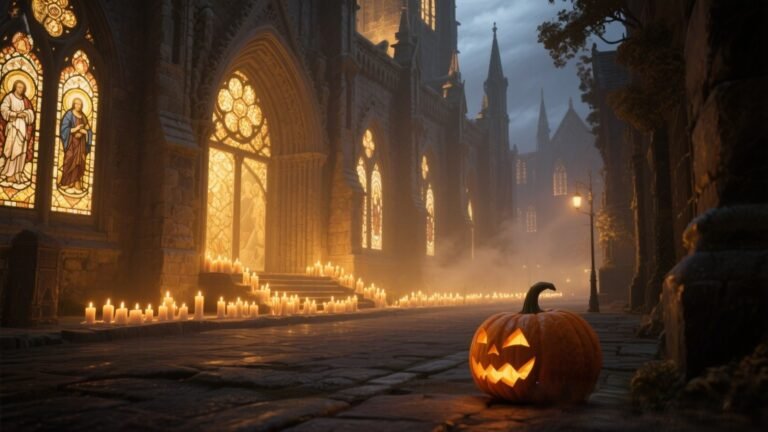 St. Peter’s Basilica glowing at twilight with candlelight, symbolizing the Catholic Church’s redemption of Halloween as All Hallows’ Eve, the holy vigil before All Saints’ Day.