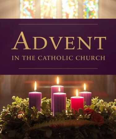 Advent wreath with four glowing candles in a Catholic church, text overlay "Advent in the Catholic Church" in gold on deep purple background