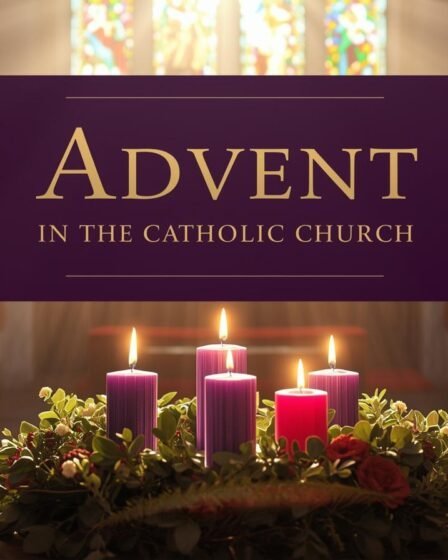 Advent wreath with four glowing candles in a Catholic church, text overlay "Advent in the Catholic Church" in gold on deep purple background