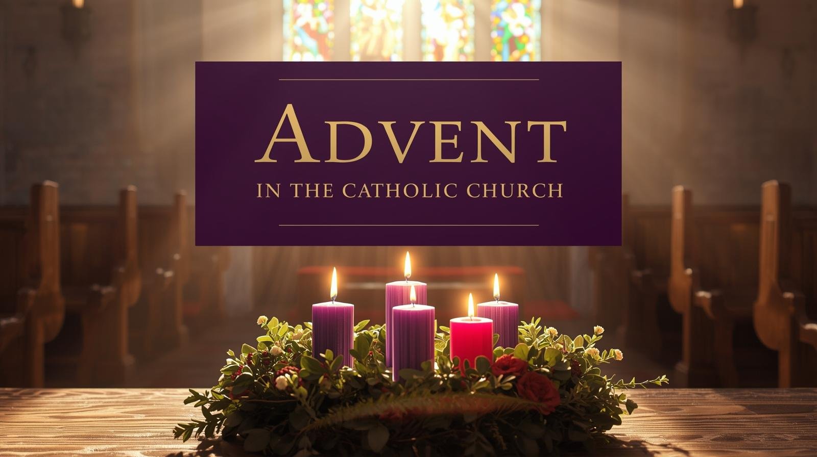 Advent wreath with four glowing candles in a Catholic church, text overlay "Advent in the Catholic Church" in gold on deep purple background