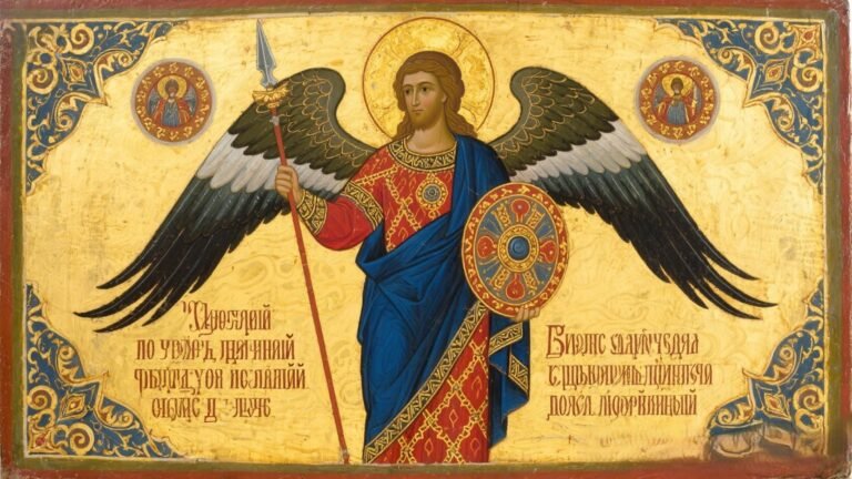 Russian Orthodox icon of Archangel Michael, standing solemnly with halo, ornate robes, and wings, holding a sword and shield, symbolizing divine protection