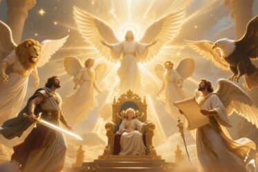 Biblically accurate angels including Michael, Gabriel, Raphael, cherubim, and seraphim, radiating divine light in a majestic heavenly scene