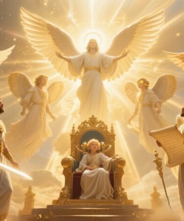 Biblically accurate angels including Michael, Gabriel, Raphael, cherubim, and seraphim, radiating divine light in a majestic heavenly scene