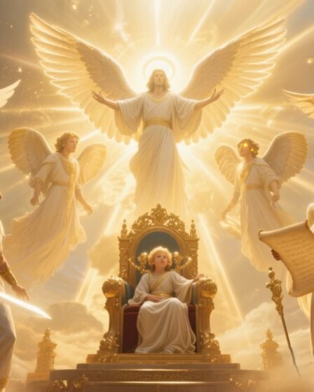 Biblically accurate angels including Michael, Gabriel, Raphael, cherubim, and seraphim, radiating divine light in a majestic heavenly scene